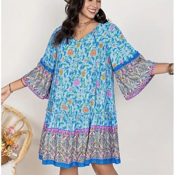 NEW! PLUS Size Beautiful Boho Style Pullover Ruffled Bottom Dress Bell Sleeves - Picture 1 of 5